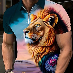 Vendita all'ingrosso da uomo con motivo animale colorato a maniche corte con cerniera stampata 3D - Product Image 1