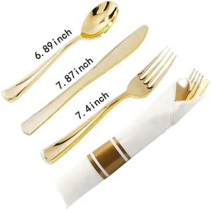 High Quality Napkin Rolled Gold Disposable Plastic Cutlery Sets Sliver Rose Gold Plastic Spoon Knife Fork