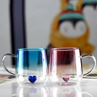 Mug à café en verre borosilicate en forme de cœur de 400 ml, écologique, mignon, pour couple, avec design dégradé transparent