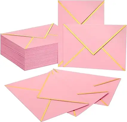 Envelope de luxo personalizado, envelope vermelho com aba em V, borda de folha de ouro para bebês, noivas, aniversários, negócios