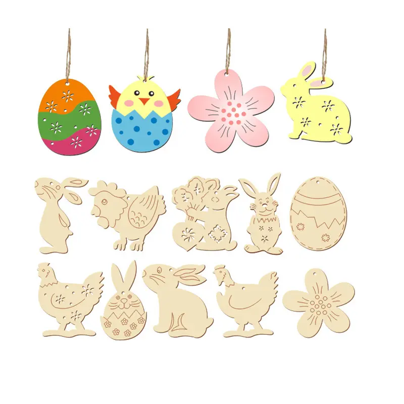 Factory Sales Wooden Crafts Easter Decoration Rabbit Chicken Eggs DIY White Embryo Children's Graffiti Wood Chip Small Pendant