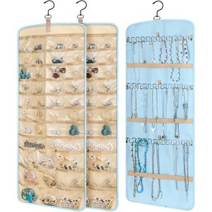 Hanging Jewelry Organizer 2 Pack 39 Pockets 30 Hooks Double Sided Earring Necklace Storage Blue Transparent - Product Image 1