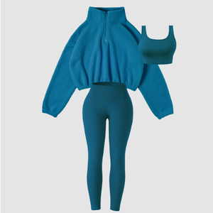 Großhandel Damen 3-teiliges Yoga-Outfit Halbreißverschluss Fleece Crop Top Sport-BH Hochtaillierte Leggings Fitness Outdoor Aktivanzug mit Anpassbarem Logo - Product Image 2