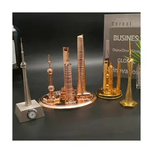 Luxo personalizado 3D Antique Brass Metal Twin Towers Oman Modelo arquitetônico com logotipo Art Sword Medal para lembranças turísticas