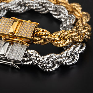 שרשרת זהב 18 קראט מצופה זהב, צמיד נירוסטה עם חוליות, אבזם זירקון CZ, שרשרת חבל קלועה, צמיד חבל ביזנטי לגברים - Product Image 2