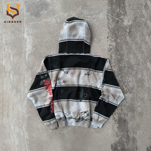 OEM Custom Men Hoodies Washed Color Block Stripe Full <b>Zip</b> Oversized Gothic Graphic Streetwear Y2K Fashion Men <b>Zip</b> Up Hoodie - Product Image 2