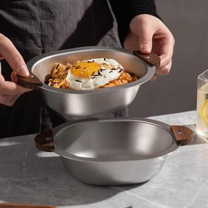 Bols en acier inoxydable avec manche en <span class=keywords><strong>bois</strong></span> Bol créatif en forme d'ours coréen Assiette à céréales Bol à salade à dessert <span class=keywords><strong>double</strong></span> face en noyer - Product Image 2