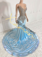 Vestido de Fiesta Largo Asimétrico de Satén Azul Cielo con Estampado de Cristales, Transpirable, con Cola Larga, Sexy, para Graduación, Boda o Fiesta Nupcial