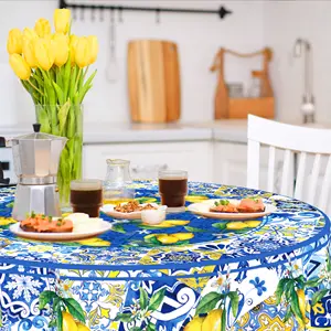 ZL002 빈티지 옐로우 레몬 원형 테이블 천 일회용 폴리에스터 패브릭 식탁보 파티 테이블 장식 용품