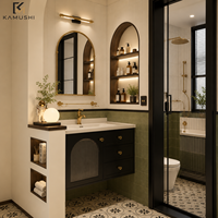 Kabinet Kamar Mandi Klasik yang Dipasang di Dinding dengan Cermin Pintar LED, Konstruksi Kayu Lapis Tahan Air, Set Wastafel Porselen
