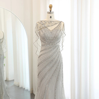 Robe de soirée arabe champagne de luxe de Dubaï pour femmes Robe de soirée moderne de grande taille avec cape perlée SCZ203-1