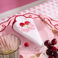Serviettes de table carrées jetables écologiques en lin, modernes, à bord festonné, avec nœud rose cerise brodé, 40x40cm, pour mariage et fête