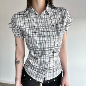 Camisa de Verano Europea, Sexy y Chic, a Cuadros, con Botones, Manga Corta, Corte Ajustado, Cintura Ajustada, Estilo Cárdigan - Product Image 6