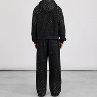 Ensemble de survêtement noir évasé en coton avec logo imprimé en strass et effet vieilli, style streetwear personnalisé, deux pièces pour homme (hoodies et pantalons de survêtement)