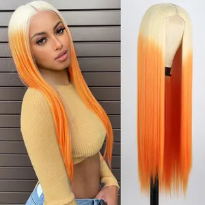 Longue Blonde Orange Synthétique Dentelle Perruques Haute Qualité En Gros pour les Femmes Cheveux Raides Partie Moyenne Naturel Blonde Rose Rouge Perruques