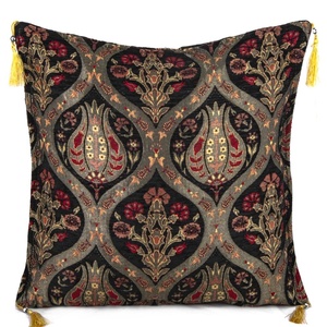 <b>Black</b> Ottoman Tulip Designed Turkish Chenille Fabric Cushion Cover <b>Pillow</b> - Product Image 1