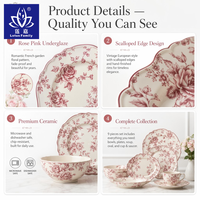 Service de table en céramique rose floral vintage français, assiettes, bols, tasses et soucoupes romantiques pour jardin, compatibles micro-ondes