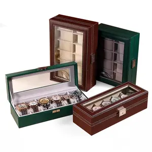 Caixa de exibição de caixa de joias em couro PU de luxo personalizada de fábrica com 6 espaços, caixa de armazenamento de relógio com 10 espaços e 12 grades