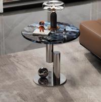 Table d'appoint de luxe italienne légère, table basse en marbre naturel simple en acier inoxydable, petite table basse ronde design