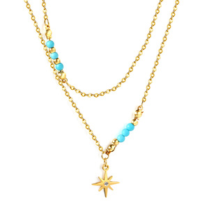 Collar de doble cadena dorado de estilo europeo y americano con colgante de estrella y cuentas azules para mujer - Product Image 2
