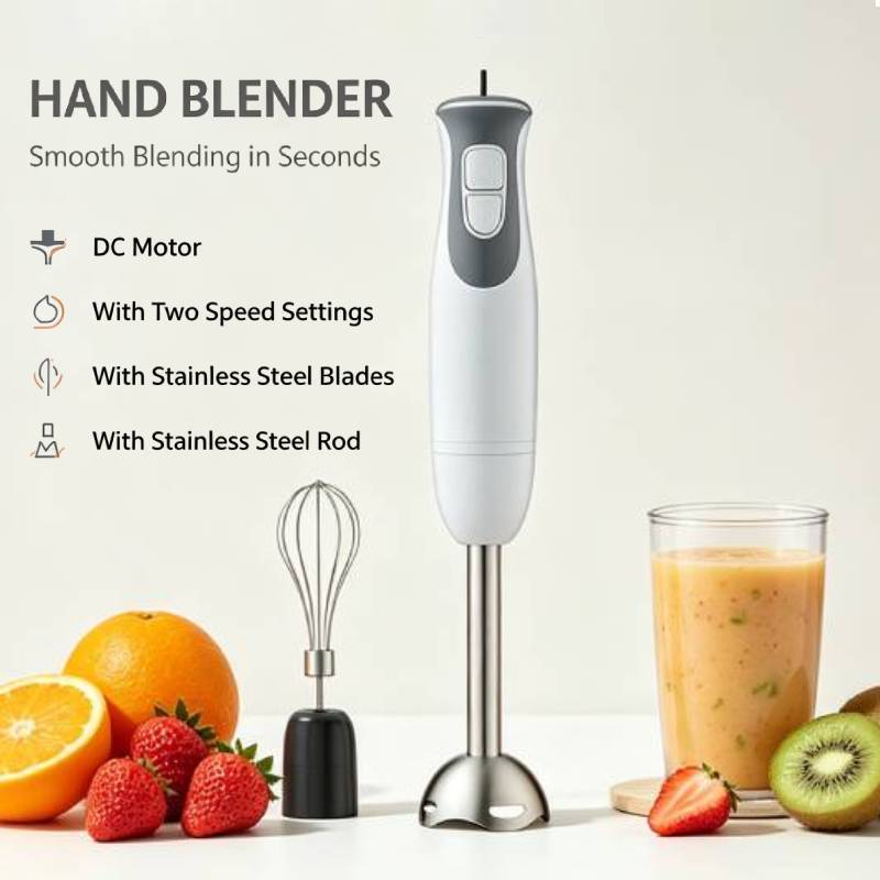 200W DC Hand Blender 2 Speeds Stainless Steel Blades Immersion Hand Electric Juicer Blender with 500ML Chopper Bowl 700ML AS Cup