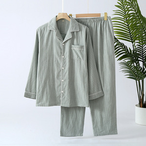Pyjamas pour hommes Double couche de gaze de coton <span class=keywords><strong>japonais</strong></span> décontracté tricoté à manches longues à carreaux mince ensemble de vêtements d'été - Product Image 6