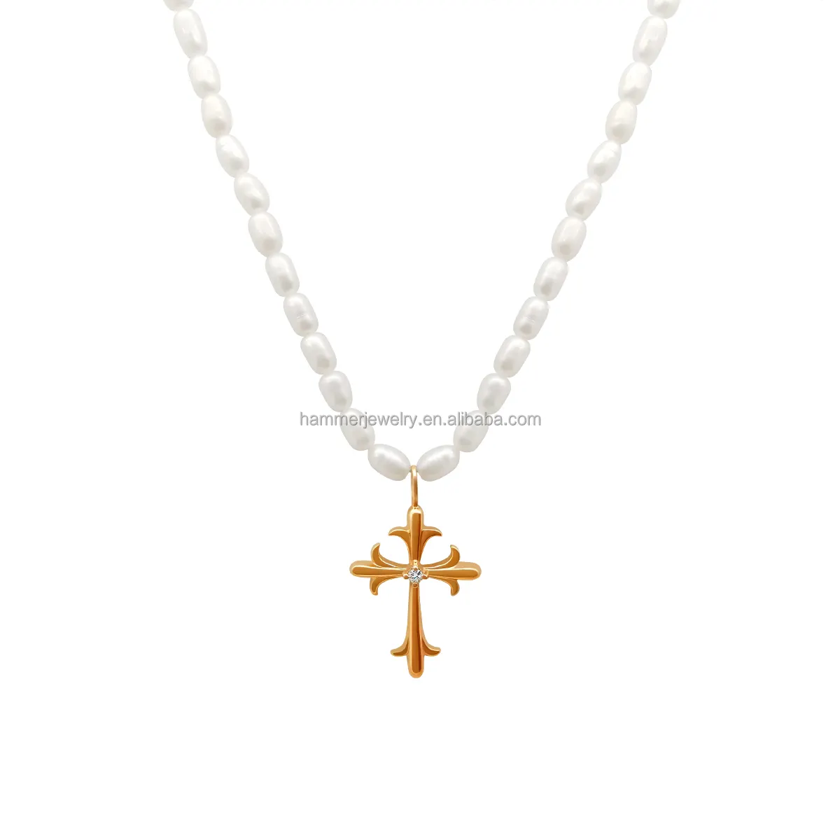 Wholesale 18K Real Gold Fresh Water Pearl Necklace Diamond Cross Pendant Charm Choker Fine Jewelry