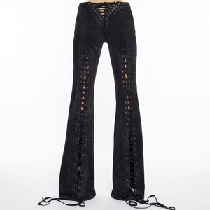 Pantalon noir en cuir véritable à lacets, taille haute, style gothique, coupe droite, longueur intégrale, hiver, écologique et respirant - Product Image 1