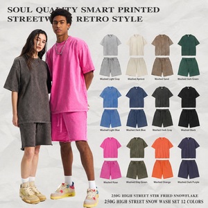Ensemble T-shirt et short unisexe SUHE en coton teint, couleur unie, coupe décontractée, tricoté, style streetwear, été, 370g, logo frontal - Product Image 5