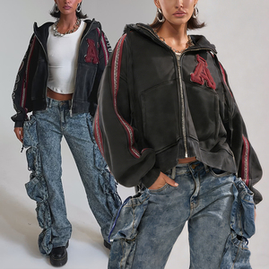 Sweat à capuche unisexe KingSen vintage délavé avec fermeture éclair, patchs brodés numériques 3D, sangles élégantes sur les manches, coupe décontractée streetwear - Product Image 1