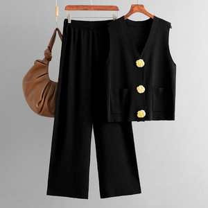 <span class=keywords><strong>Fashion</strong></span> Set Damen Sommer New Sleeve less Button Knitted Top einfarbig Casual Wide Leg Pants Zweiteiliges Set - Product Image 3