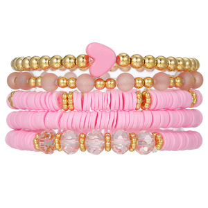 Pink Polymer Clay Heart Shaped <b>Beaded</b> <b>Bracelet</b> Set For Women Party Jewelry 5 Piece Bohemian Style CCB Crystal Beads - Product Image 5