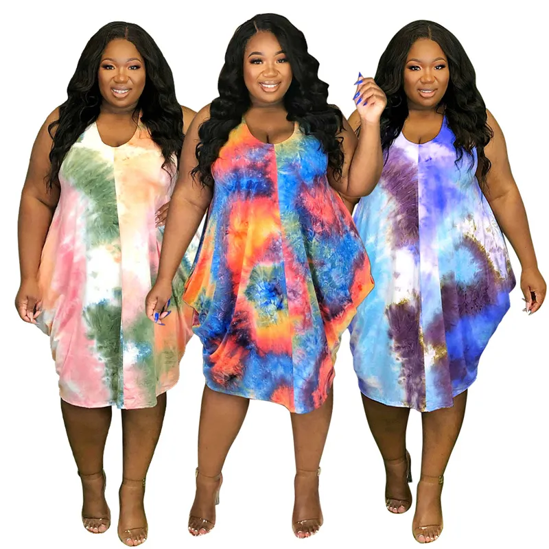 African fat women sleeveless plus size tie die summer dress,birthday dress casual plus size clothing outfit clothes for fat lady