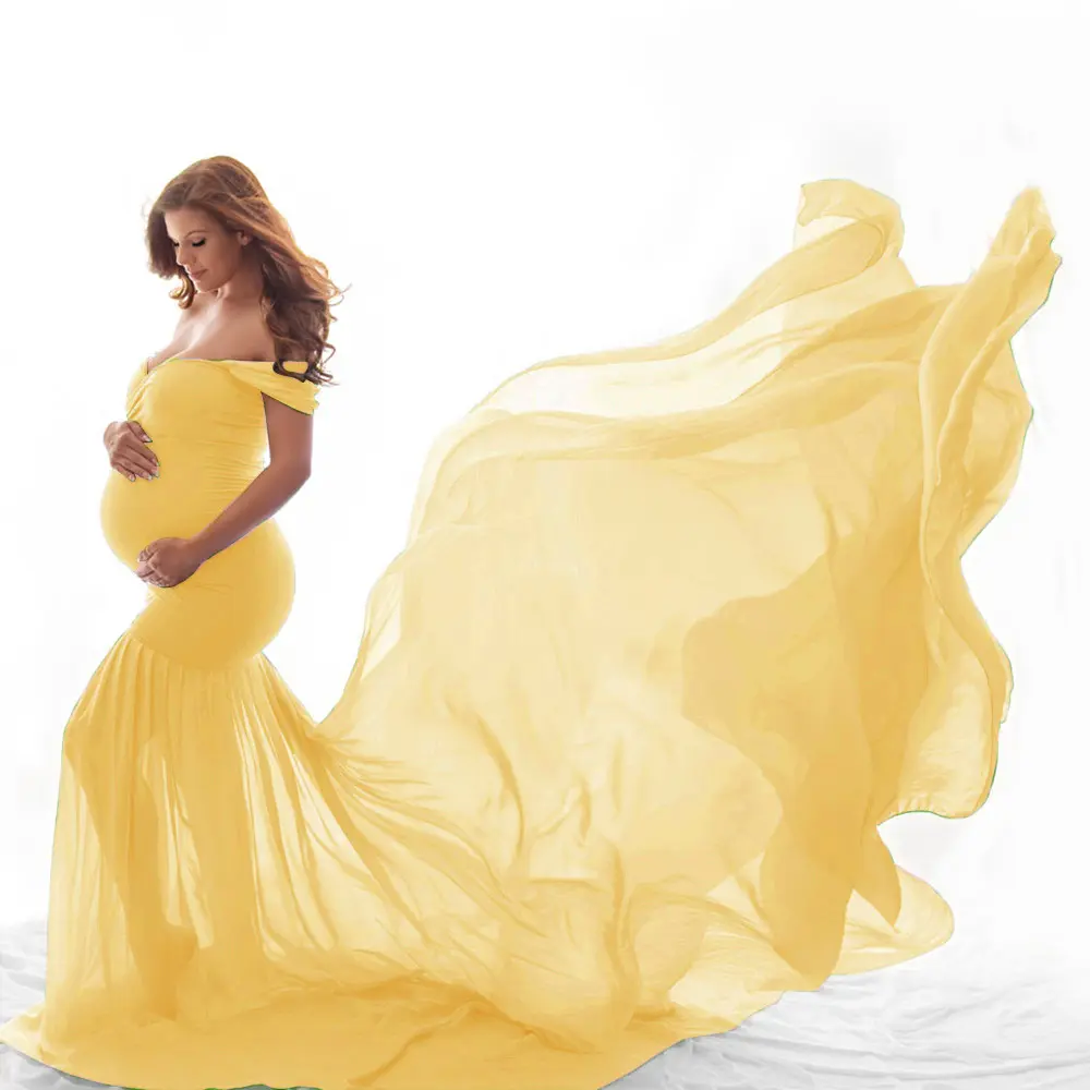 Long Maternity Pregnancy Dress Solid Blue Yellow Green Off Shoulder Pregnant Dresses For Women Maxi Maternity Gown