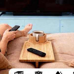 Wooden Sofa <b>Gap</b> Storage Tray With Cup Holder And Remote Slot Rectangle Multifunctional Snack Tray For Living Room Use - Product Image 4