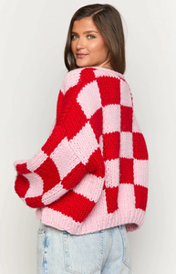 Suéter Cárdigan de Punto Grueso con Botones y Bordado <span class=keywords><strong>a</strong></span> Cuadros Rosa y Rojo, Estilo Americano Informal de Invierno para Mujer, Venta al Por Mayor - Product Image 3