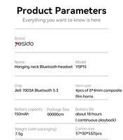 Écouteurs Bluetooth YSP15 Yesido BT5.3 avec interface de charge Type-C, longue autonomie, tour de cou, double dynamique