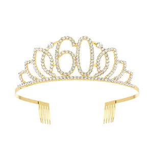 Gold Plating 40th 50th 60th Crown Birthday Crystal Rhinestone Tiara Birthday Party Digital Crown