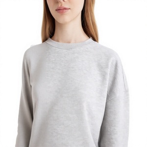 Women's Gray Crew Neck Sweatshirt Full Sleeve Knitted Cotton Blend Casual Solid Color Breathable Autumn Wear - Product Image 6