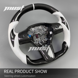 Volant de direction en fibre de carbone personnalisé et élégant pour <span class=keywords><strong>Tesla</strong></span> Model 3/Y <span class=keywords><strong>Performance</strong></span> 2018-2024, avec poignées blanches - Product Image 3