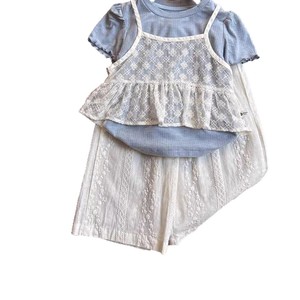 Abbigliamento per <span class=keywords><strong>Ragazze</strong></span> Primavera/Estate 2026 Nuovo Set Carino con Bretelle e Maniche Corte in Tessuto Sintetico Misto Poliestere Tinta Unita - Product Image 5