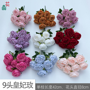 Bouquet de roses royales 9 têtes en soie, fleurs artificielles faites à la main pour décoration de mariage - Product Image 2
