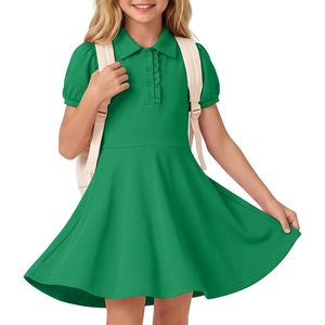 Robe Polo Uniforme Fille Manches Courtes Bouffantes Coupe Évasée Respirante avec Boutons 5-14 Ans - Product Image 1