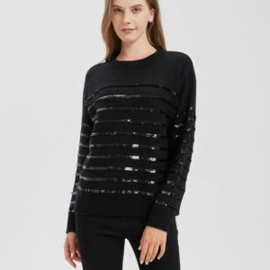 100% Pure Cashmere Ladies' crew neck long sleeve knitting pullover sweater with <b>black</b> sequins - Product Image 1