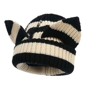 Arrival Hot Selling Halloween Festival Stylish Thick Striped Pattern Winter Warm Beanie Hat with Devil Ears for Travel - Product Image 5