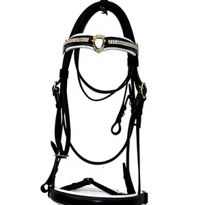 Bridon pour cheval en cuir de qualité supérieure, avec rênes en cuir, boucles en acier inoxydable, frontale ornée de strass, en cuir blanc doux et rembourré. - Product Image 1