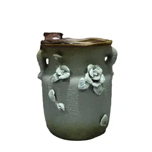 Factory Direct Creative Design Handmade Cyan Rose Ceramic Flower Pot Cylind