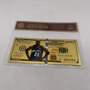 Berühmte Basketball Star Michael Jordan Karte farbige US 100 Dollar Goldfolie Banknote mit COA für Souvenir Fans Tickets