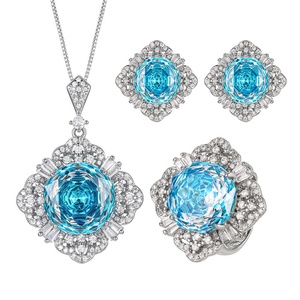 Refined Eco-friendly Copper Gold Plated Floral 16-10MM Sea Blue Zircon Earrings Imitation Gemstone Zircon Jewelry Sets for Women - Product Image 1