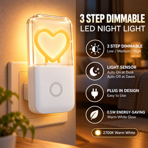 Veilleuse LED à brancher OEM ODM avec capteur crépusculaire, 3 niveaux de luminosité réglables, 0,5W, en forme de cœur, pour chambre et escaliers - Product Image 6